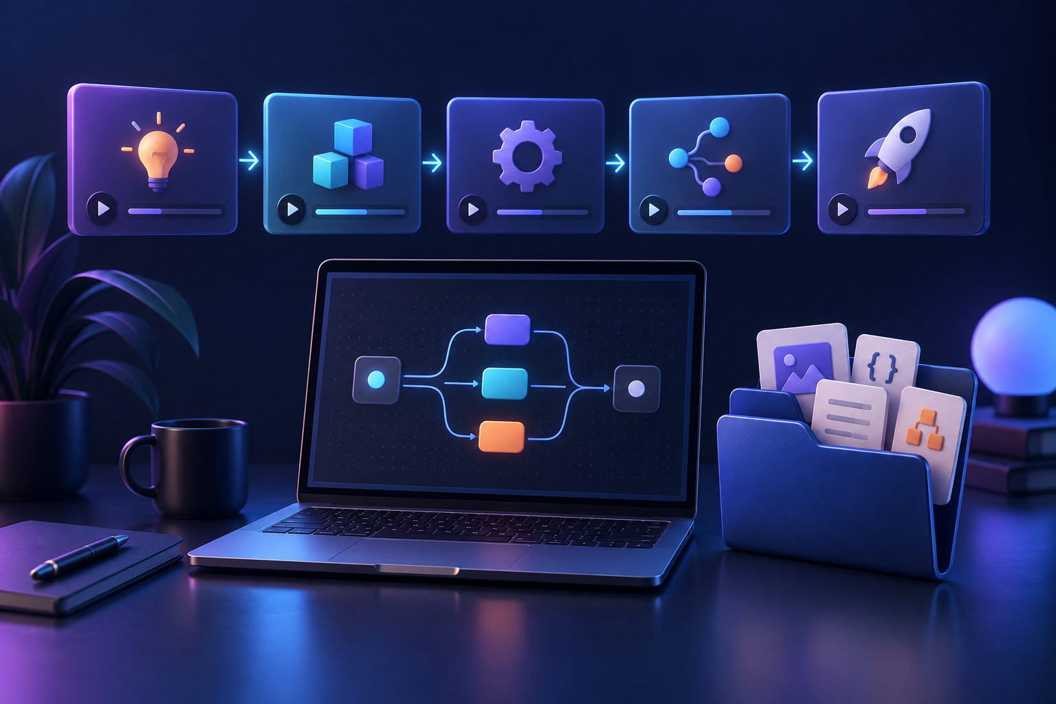 Illustration of five video lessons, an automation workflow and a project-files folder